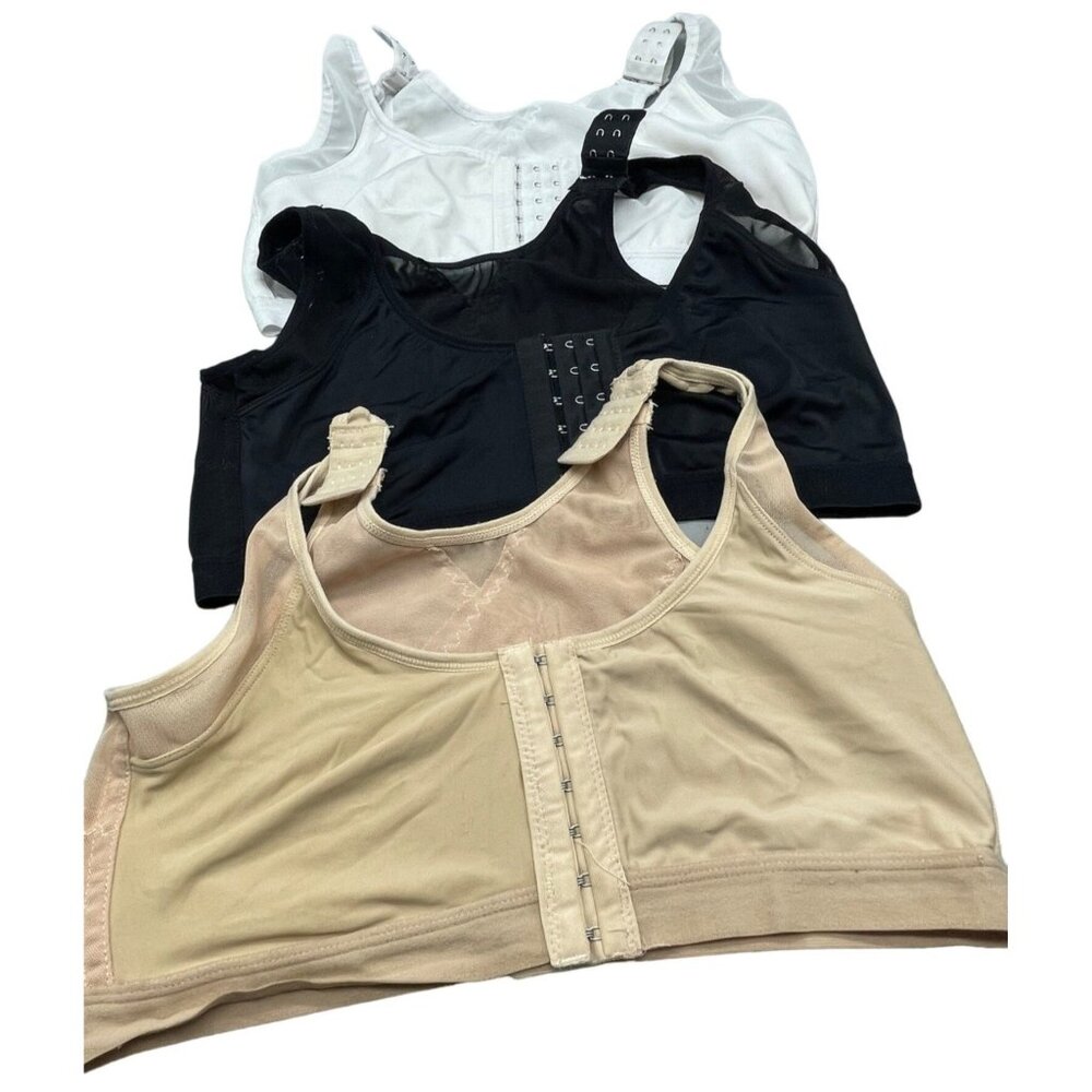 set of 3 sport bra brown white black front closer adjustable shoulder XL READ
